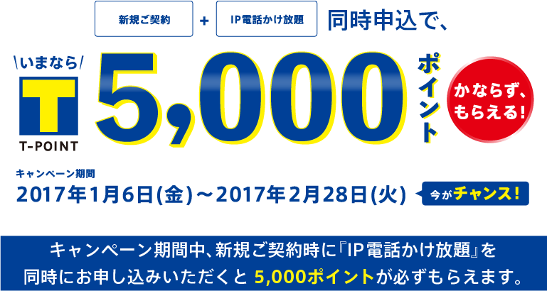 「新規契約」と「IP電話かけ放題」同時申し込みで、5000Tポイント必ずもらえる