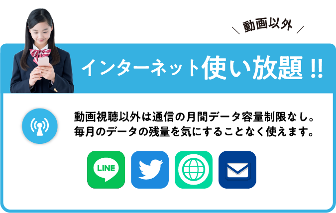 動画以外インターネット
          使い放題!! 動画視聴以外は通信の月間データ容量制限なし。毎月のデータの残量を気にすることなく使えます。