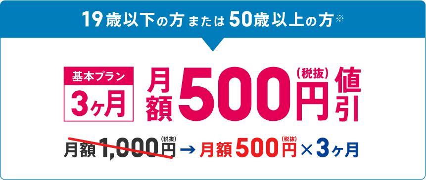 19歳以下の方または50歳以上の方※ 基本プラン月額3ヶ月500円値引
